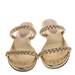Pre Owned Gianvito Rossi Metallic Gold Leather Braided Double Band Slide Sandals Size 38