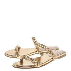 Pre Owned Gianvito Rossi Metallic Gold Leather Braided Double Band Slide Sandals Size 38