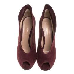 Pre Owned Gianvito Rossi Burgundy Suede Vamp Peep Toe Booties Size 40