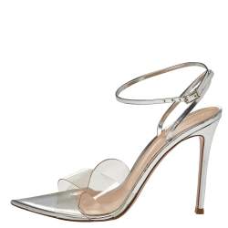 Pre Owned Giavanto Rossi Metallic Silver Leather And PVC Plexi Stark Sandals Size 39