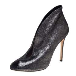 Pre Owned Gianvito Rossi Metallic Silver Foil Suede Vamp Peep Toe Booties Size 39.5