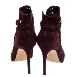 Gianvito Rossi Burgundy Suede Diamond Cut Out Ankle Boots Size 39.5