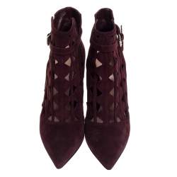 Gianvito Rossi Burgundy Suede Diamond Cut Out Ankle Boots Size 39.5