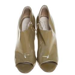 Gianvito Rossi Olive Green Patent Leather Open Toe Booties Size 39