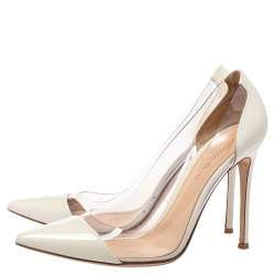 Pre Owned Gianvito Rossi White Patent Leather And PVC Plexi Pointed Toe Pumps Size 40