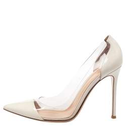 Pre Owned Gianvito Rossi White Patent Leather And PVC Plexi Pointed Toe Pumps Size 40