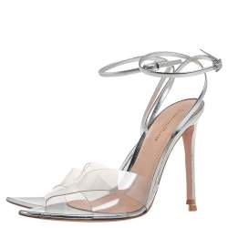 Pre Owned Gianvito Rossi Metallic Silver Leather And PVC Natalie Ankle Strap Sandals Size 39