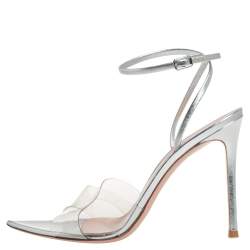Pre Owned Gianvito Rossi Metallic Silver Leather And PVC Natalie Ankle Strap Sandals Size 39