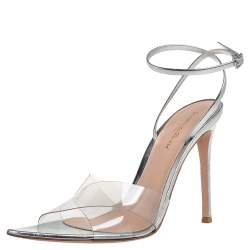 Pre Owned Gianvito Rossi Metallic Silver Leather And PVC Natalie Ankle Strap Sandals Size 39
