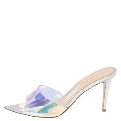 Pre Owned Gianvito Rossi Iridescent PVC And Foil Leather Elle Slide Sandals Size 37.5