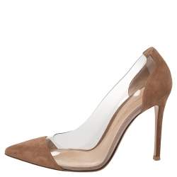 Pre Owned Gianvito Rossi Brown Suede and PVC Plexi Pointed Toe Pumps Size 37.5