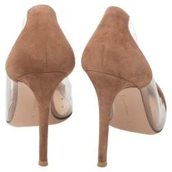 Pre Owned Gianvito Rossi Brown Suede and PVC Plexi Pointed Toe Pumps Size 37.5