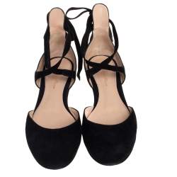 Pre Owned Gianvito Rossi Black Suede Pina Ankle Wrap  D'orsay Flats Size 39.5