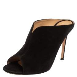 Pre Owned Gianvito Rossi Black Suede Cobalt Peep-Toe Mules Size 39.5