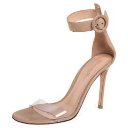 Pre Owned Gianvito Rossi Beige PVC And Leather Ankle Strap Sandals Size 36.5