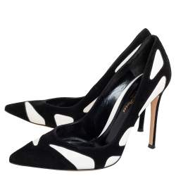 Pre Owned Gianvito Rossi Monochrome Suede And Leather Cutout Pointed Toe Pumps Size 37.5