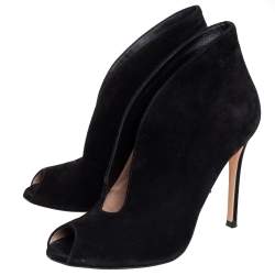 Pre Owned Gianvito Rossi Black Suede V Neck Peep Toe Booties Size 36