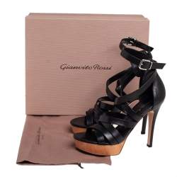 Gianvito Rossi Black Leather Strappy Platform Ankle Strap Sandals Size 37