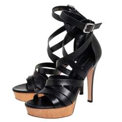 Gianvito Rossi Black Leather Strappy Platform Ankle Strap Sandals Size 37