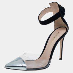 Gianvito Rossi Black/Silver Suede And PVC Ankle Strap Sandals Size 39