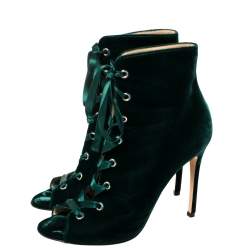 Pre Owned Gianvito Rossi Green Velvet Marie Lace Up Ankle Booties Size 39.5
