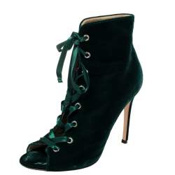 Pre Owned Gianvito Rossi Green Velvet Marie Lace Up Ankle Booties Size 39.5