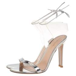 Pre Owned Gianvito Rossi Silver Leather And PVC Ankle Wrap Sandals Size 40