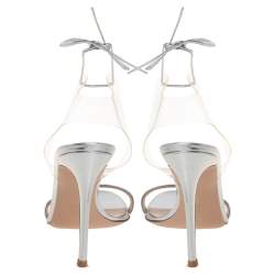 Pre Owned Gianvito Rossi Silver Leather And PVC Ankle Wrap Sandals Size 40