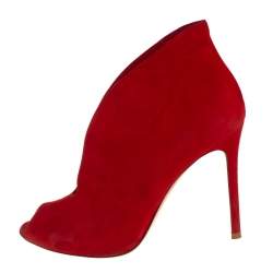 Pre Owned Gianvito Rossi Red Suede Vamp Peep Toe Booties Size 38