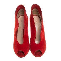 Pre Owned Gianvito Rossi Red Suede Vamp Peep Toe Booties Size 38