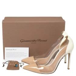 Pre Owned Gianvito Rossi White/Beige Patent Leather And PVC Plexi Pointed Toe Pumps Size 39