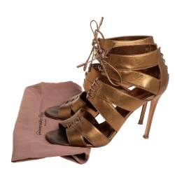 Pre Owned Gianvito Rossi Metallic Gold Leather Roxy Lace Up Caged Sandals Size 37.5