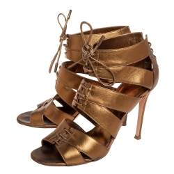 Pre Owned Gianvito Rossi Metallic Gold Leather Roxy Lace Up Caged Sandals Size 37.5