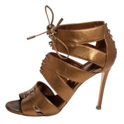 Pre Owned Gianvito Rossi Metallic Gold Leather Roxy Lace Up Caged Sandals Size 37.5