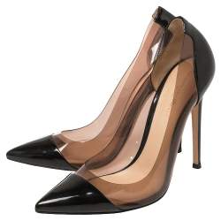 Pre Owned Gianvito Rossi Black Patent Leather and PVC Plexi Pointed Toe Pumps Size 38.5