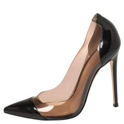 Pre Owned Gianvito Rossi Black Patent Leather and PVC Plexi Pointed Toe Pumps Size 38.5