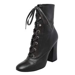 Pre Owned Gianvito Rossi Grey Leather Block Heel Ankle Boots Size 37.5