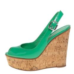 Gianvito Rossi Green Patent Leather Cork Wedge Platform Slingback Sandals Size 37