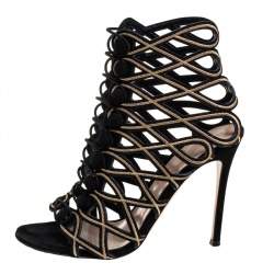 Pre Owned حذاء بوت جيانفيتو روسي سويدي أسود مقدمة مفتوحة مقاس 39 