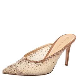 Pre Owned Gianvito Rossi Beige Crystal Embellished Mesh Pointed Toe Mules Size 39