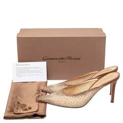 Pre Owned Gianvito Rossi Beige Crystal Embellished Mesh Pointed Toe Mules Size 39