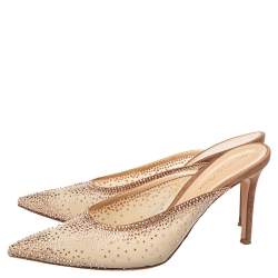 Pre Owned Gianvito Rossi Beige Crystal Embellished Mesh Pointed Toe Mules Size 39