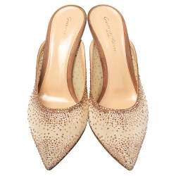 Pre Owned Gianvito Rossi Beige Crystal Embellished Mesh Pointed Toe Mules Size 39