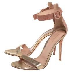 Pre Owned Gianvito Rossi Gold/Beige Leather and Suede Portofino Sandals Size 40
