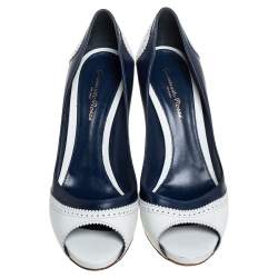 Pre Owned Gianvito Rossi White/Blue Leather Peep Toe Pumps Size 39.5