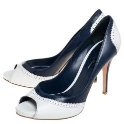 Pre Owned Gianvito Rossi White/Blue Leather Peep Toe Pumps Size 39.5