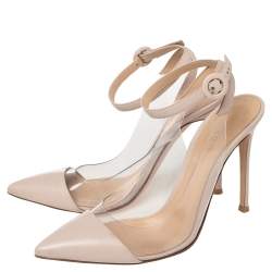 Pre Owned Gianvito Rossi Light Beige Leather And PVC Anise Pointed Toe Ankle Strap Sandals Size 39
