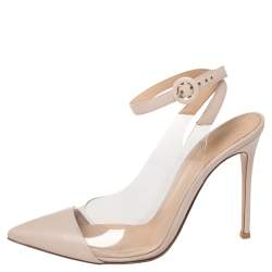 Pre Owned Gianvito Rossi Light Beige Leather And PVC Anise Pointed Toe Ankle Strap Sandals Size 39