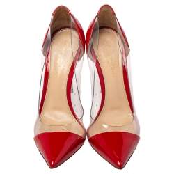 Pre Owned Gianvito Rossi Red Patent Leather And PVC Plexi Pointed Toe Pumps Size 38