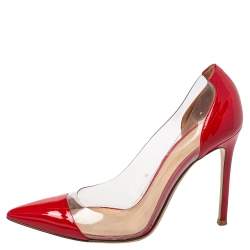 Pre Owned Gianvito Rossi Red Patent Leather And PVC Plexi Pointed Toe Pumps Size 38